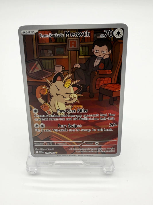 Pokémon Team Rockets Meowth Illustration Rare Card 203/182 Destined Rivals